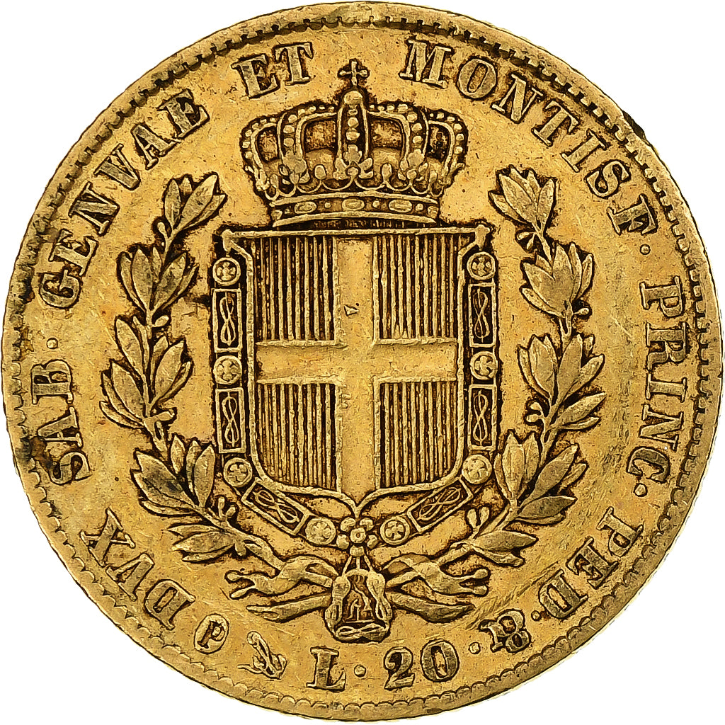 DEPARTAMENTY WŁOSKIE, SARDINIA, Carlo Alberto, 20 Lire, 1838, Genoa, Złoto