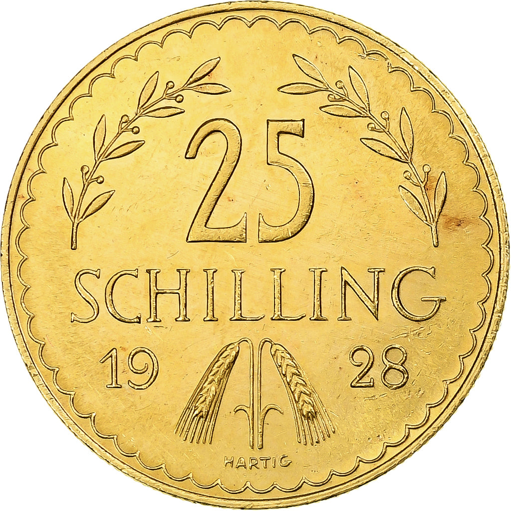 Áustria, 25 Schilling, 1928, Vienna, Dourado, MS(63), KM:2841