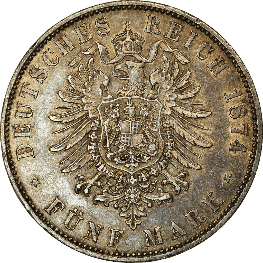Moneda, Estados alemanes, BAVARIA, Ludwig II, 5 Mark, 1874, Munich, MBC+, Plata