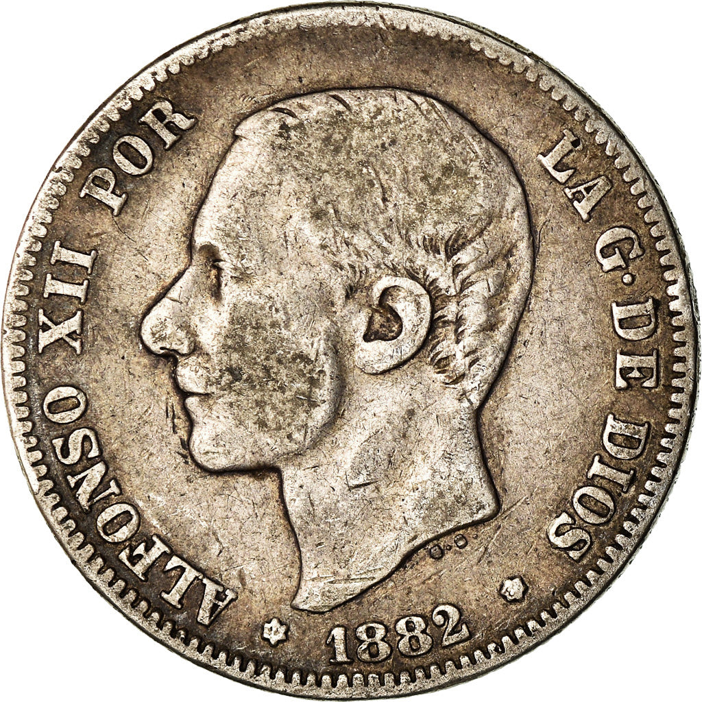 Moneta, Hiszpania, Alfonso XII, 2 Pesetas, 1882, Madrid, VF(20-25), Srebro