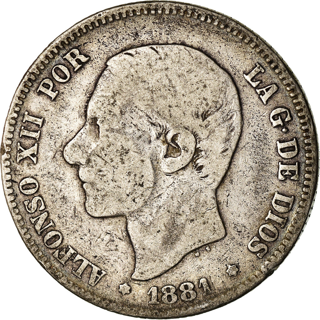 Moneta, Spagna, Alfonso XII, 2 Pesetas, 1881, Madrid, MB, Argento, KM:678.2