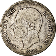 Moneta, Spagna, Alfonso XII, 2 Pesetas, 1881, Madrid, MB, Argento, KM:678.2