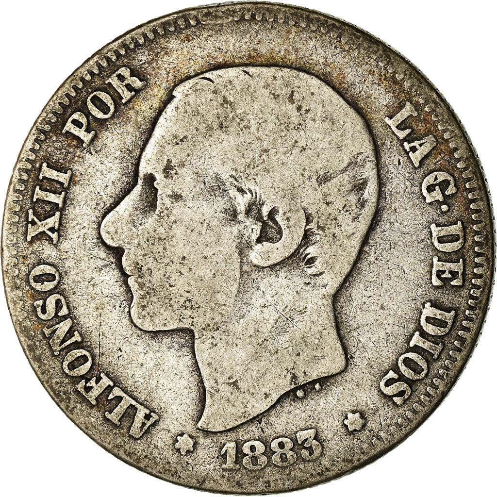 Moneda, España, Alfonso XII, 2 Pesetas, 1883, Madrid, BC+, Plata, KM:678.2