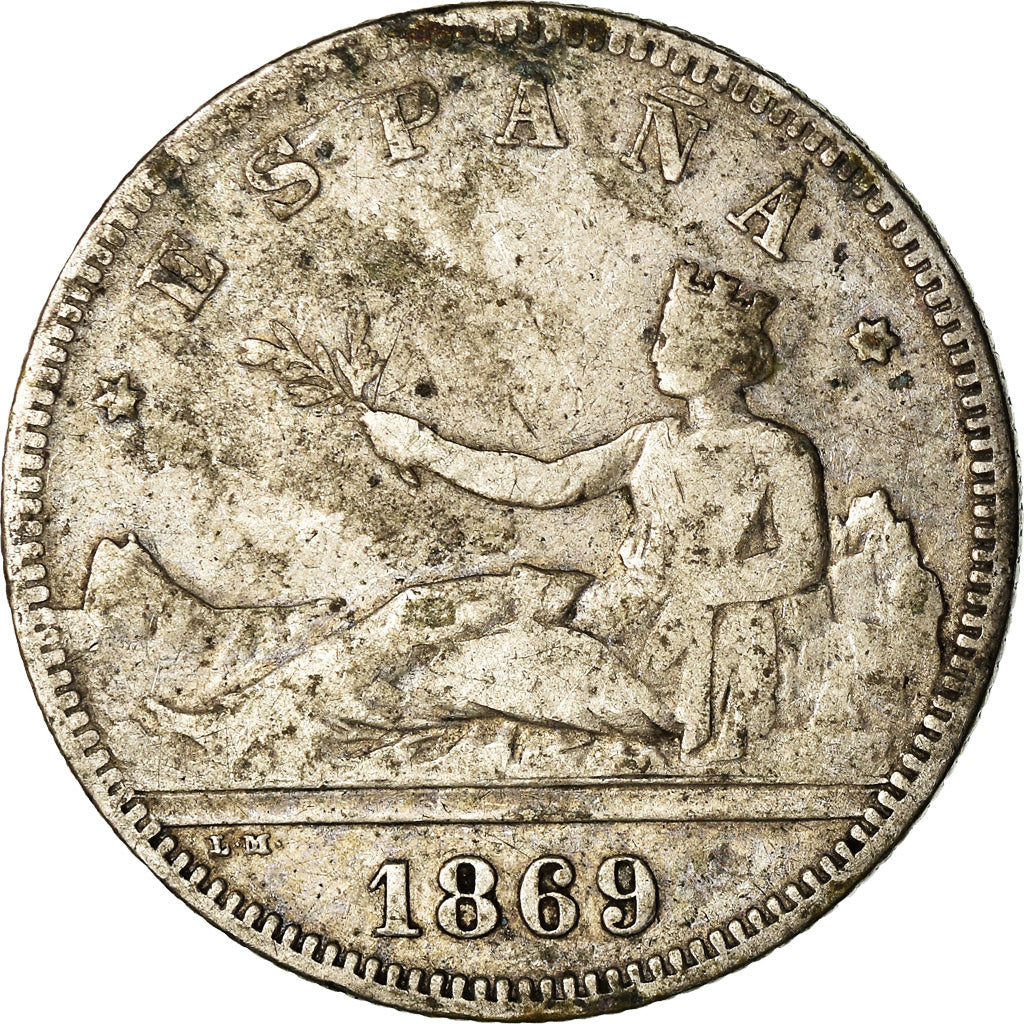 Moneda, España, Provisional Government, 2 Pesetas, 1869, Madrid, BC+, Plata