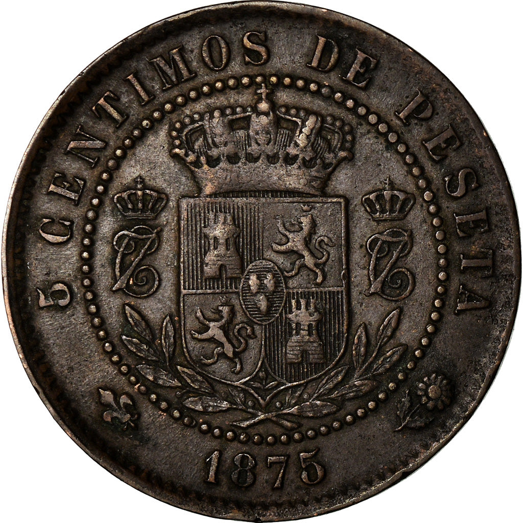 Coin, Spain, Charles VII, 5 Centimos, 1875, Madrid, EF(40-45), Copper, KM:669