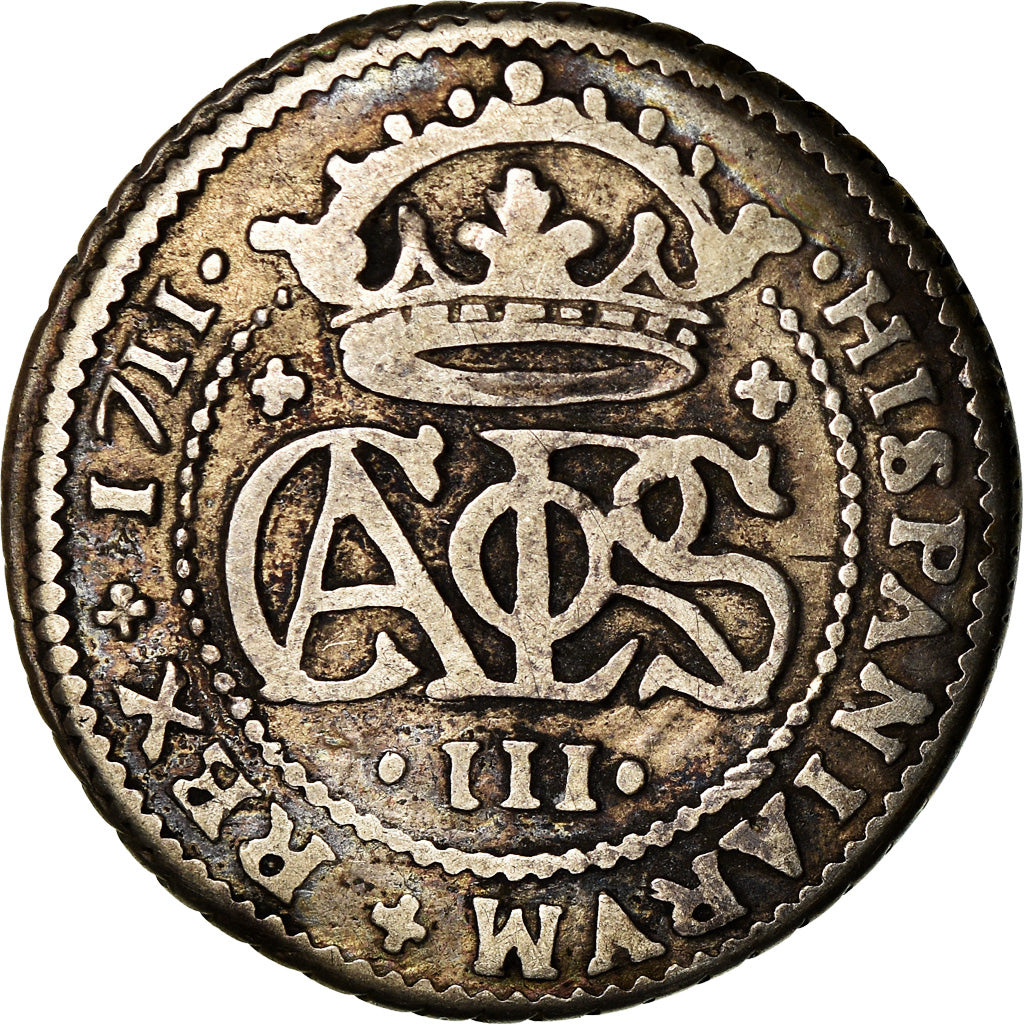 Coin, Spain, Charles III, 2 Reales, 1711, Barcelona, EF(40-45), Silver, KM:PT5