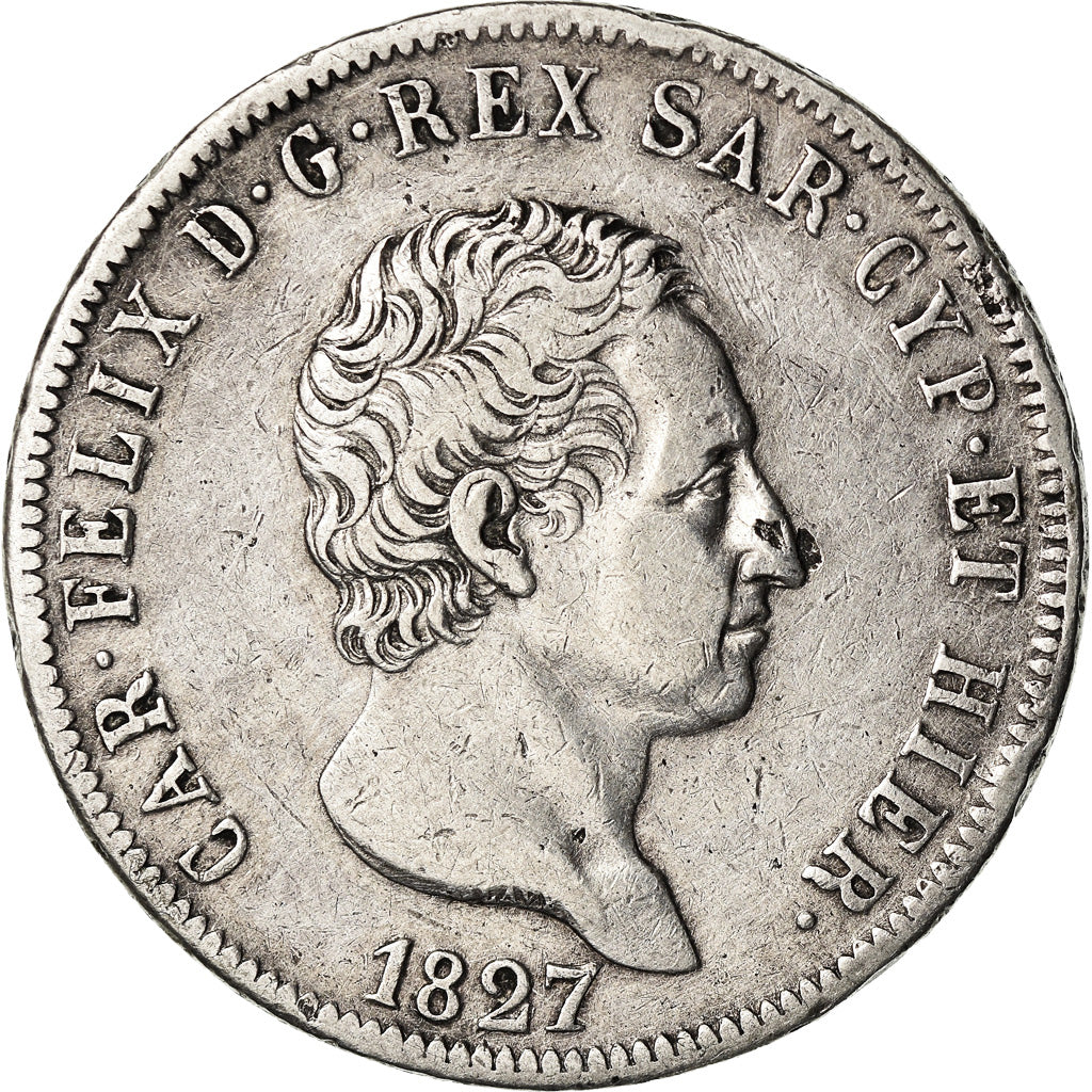 Moneta, DEPARTAMENTY WŁOSKIE, SARDINIA, Carlo Felice, 5 Lire, 1827, Genoa