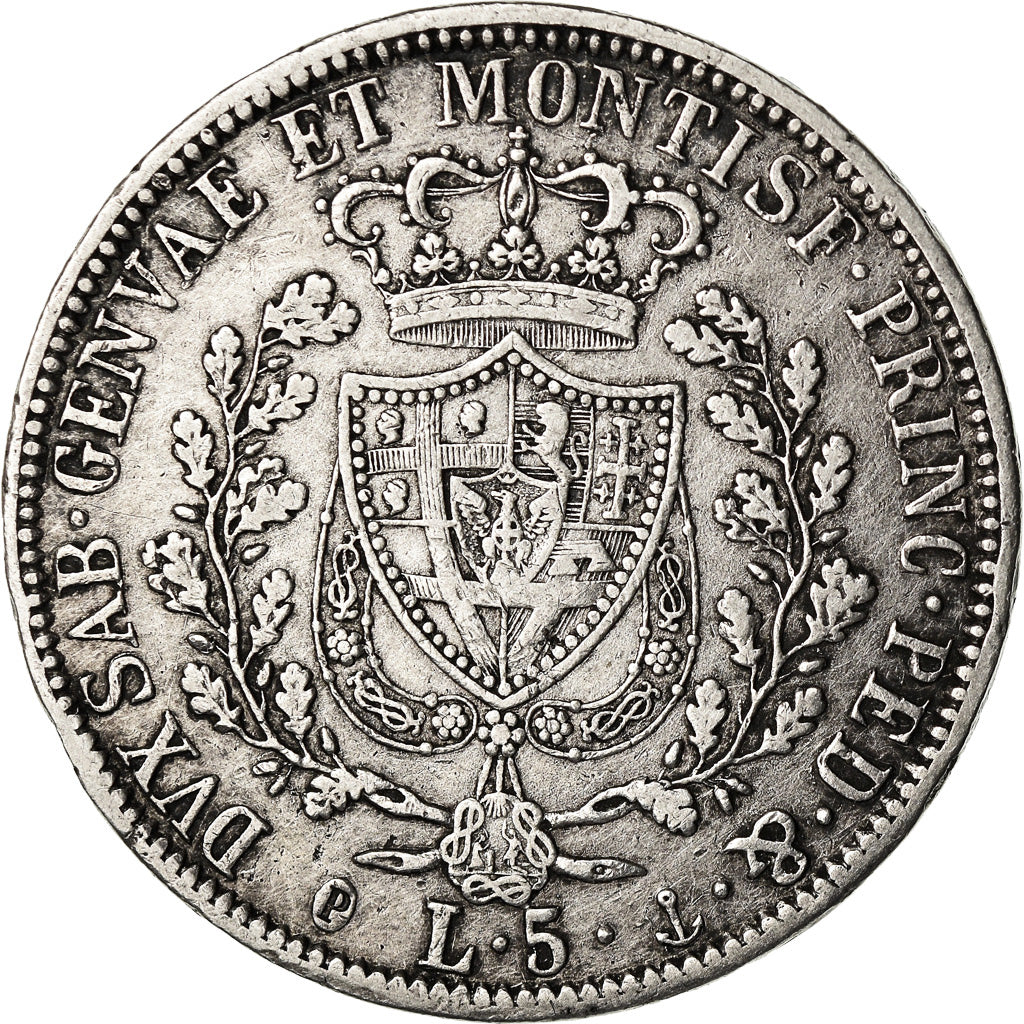 Moneta, DEPARTAMENTY WŁOSKIE, SARDINIA, Carlo Felice, 5 Lire, 1827, Genoa