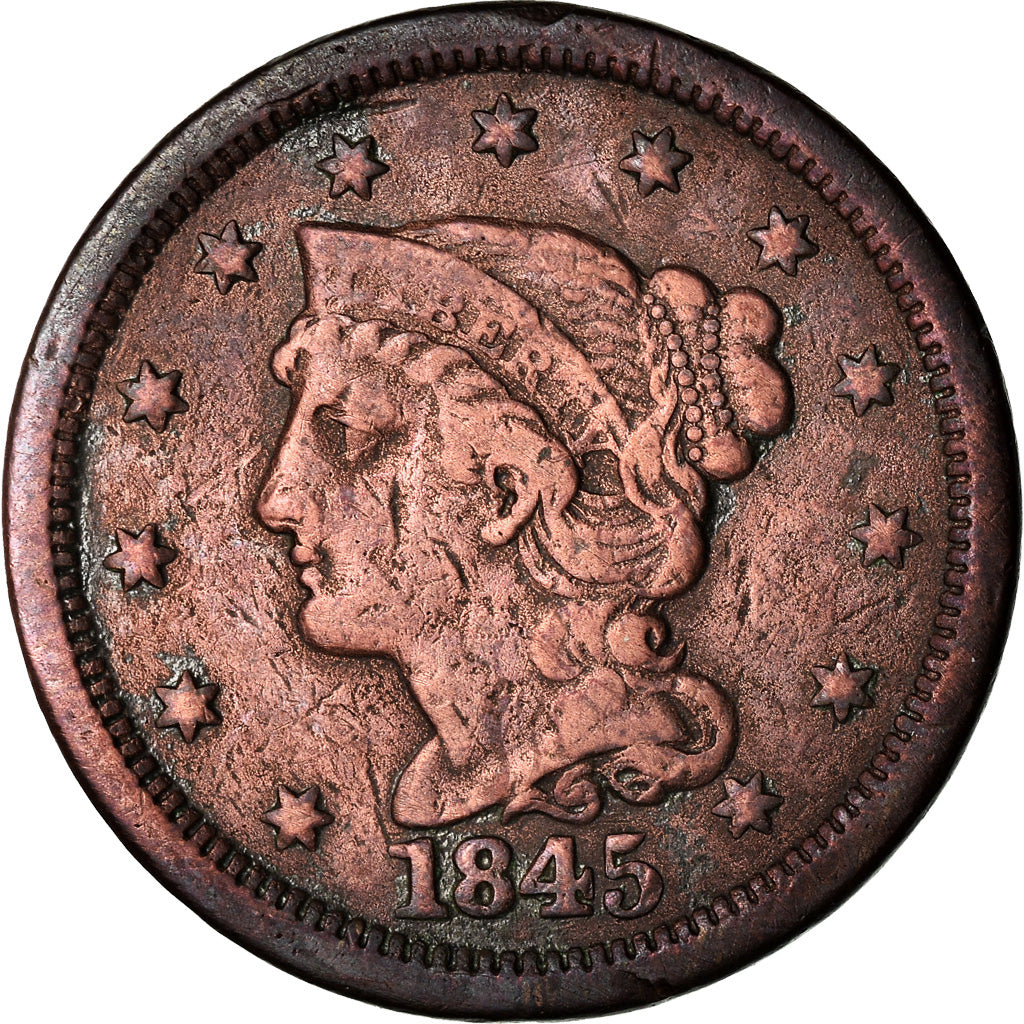 Coin, United States, Braided Hair Cent, Cent, 1845, U.S. Mint, Philadelphia