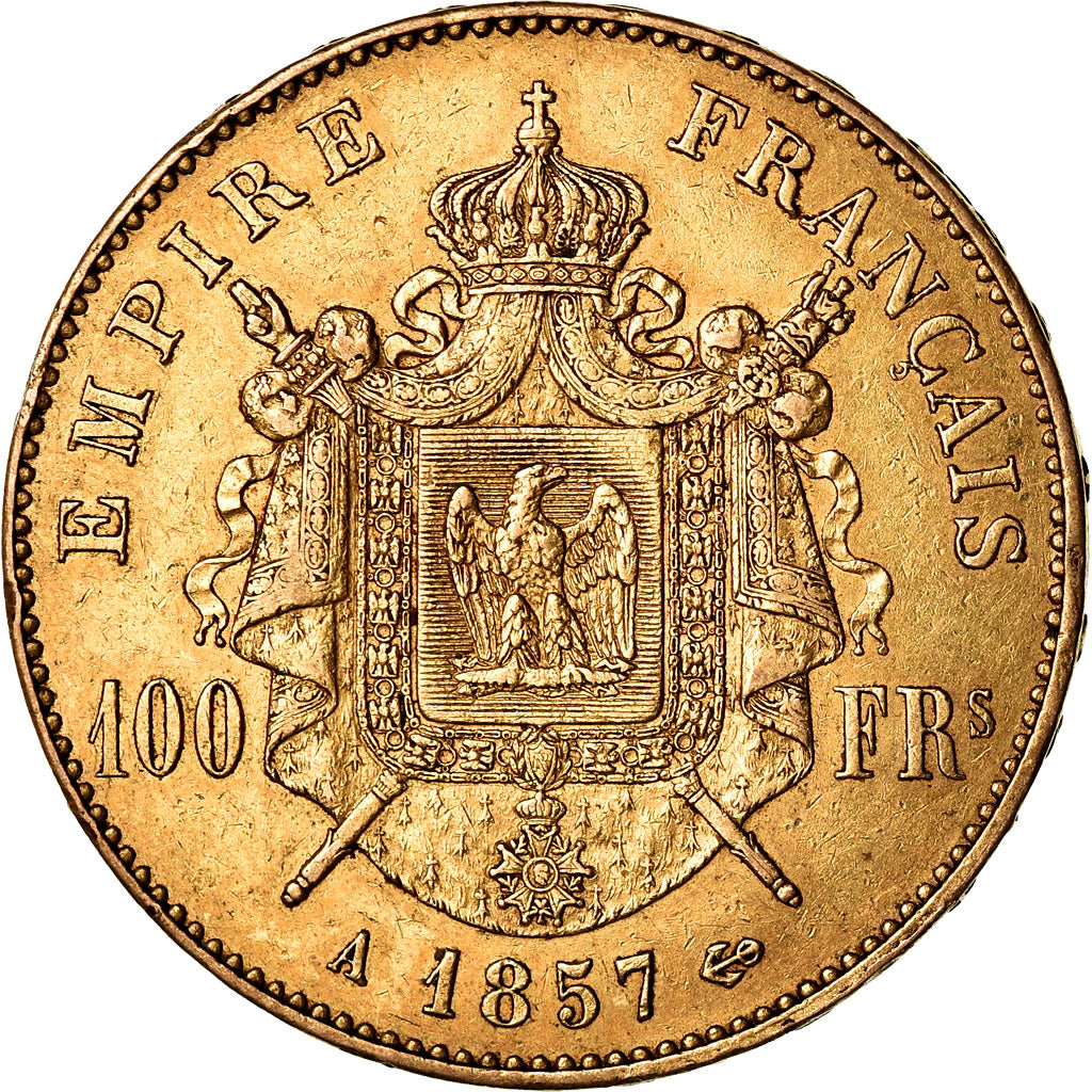 Moneta, Francia, Napoleon III, 100 Francs, 1857, Paris, MB+, Oro, KM:786.1