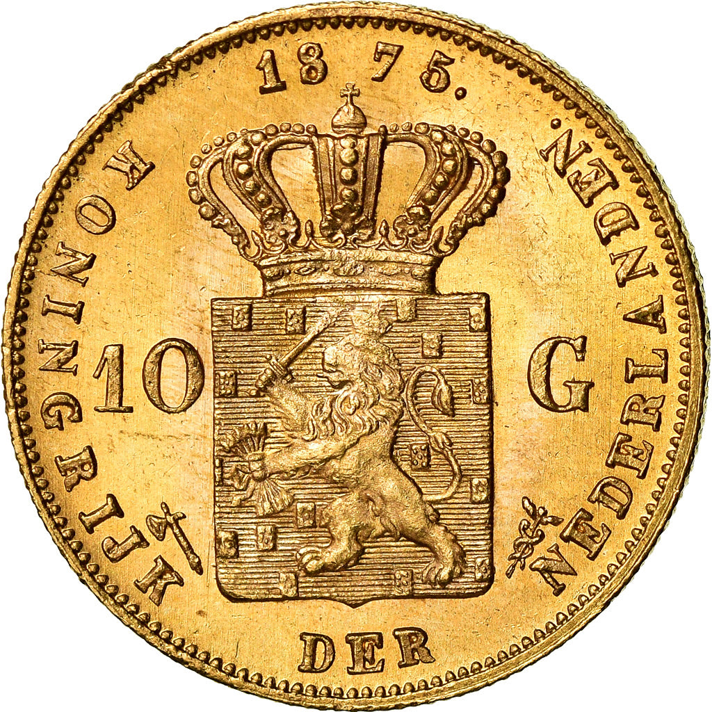 Coin, Netherlands, William III, 10 Gulden, 1875, MS(60-62), Gold, KM:105