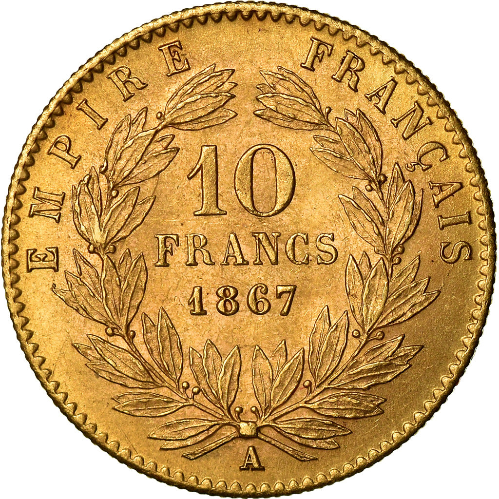 Moneda, Francia, Napoleon III, Napoléon III, 10 Francs, 1867, Paris, MBC+, Oro