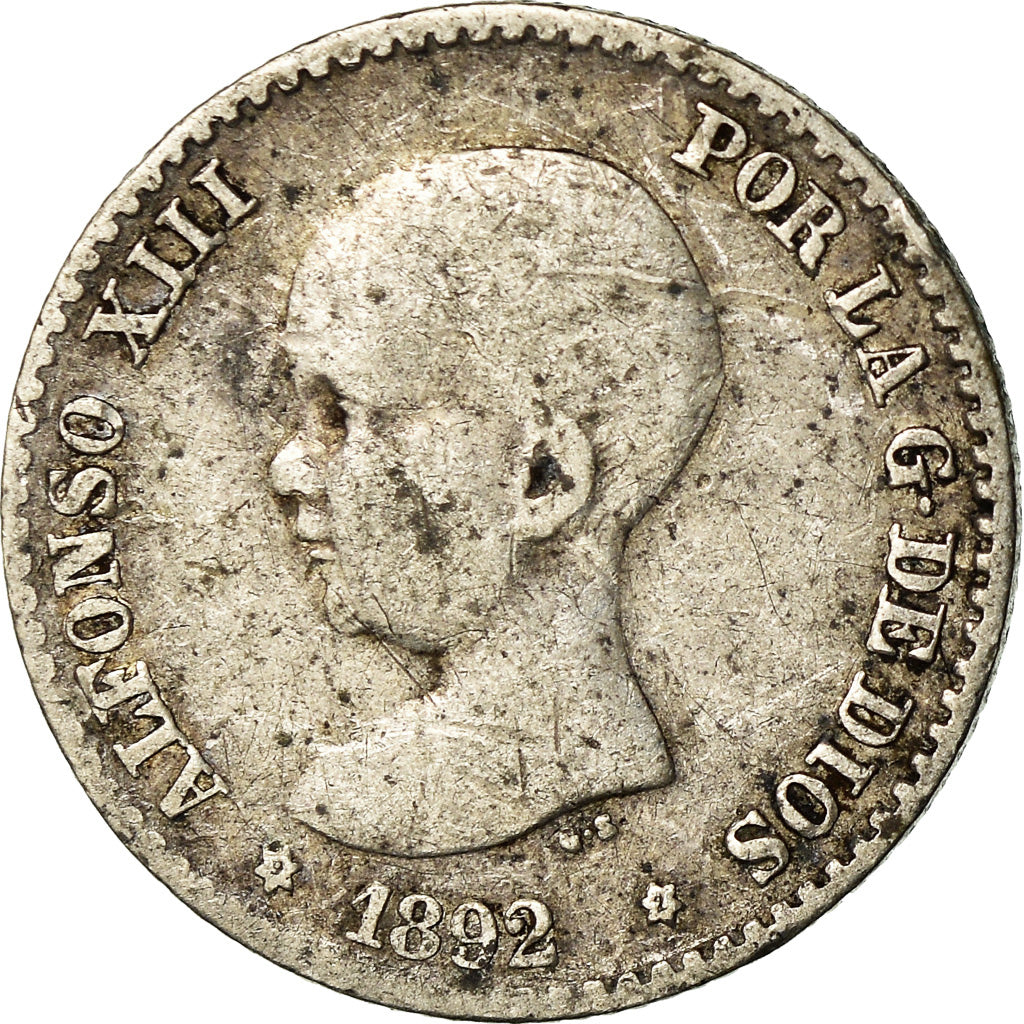 Moneta, Spagna, Alfonso XIII, 50 Centimos, 1892, Madrid, MB+, Argento, KM:690