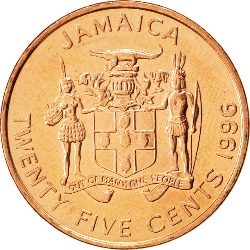 JAMAICA, 25 Cents, 1996, British Royal Mint, KM #167, MS(63), Copper Plated...