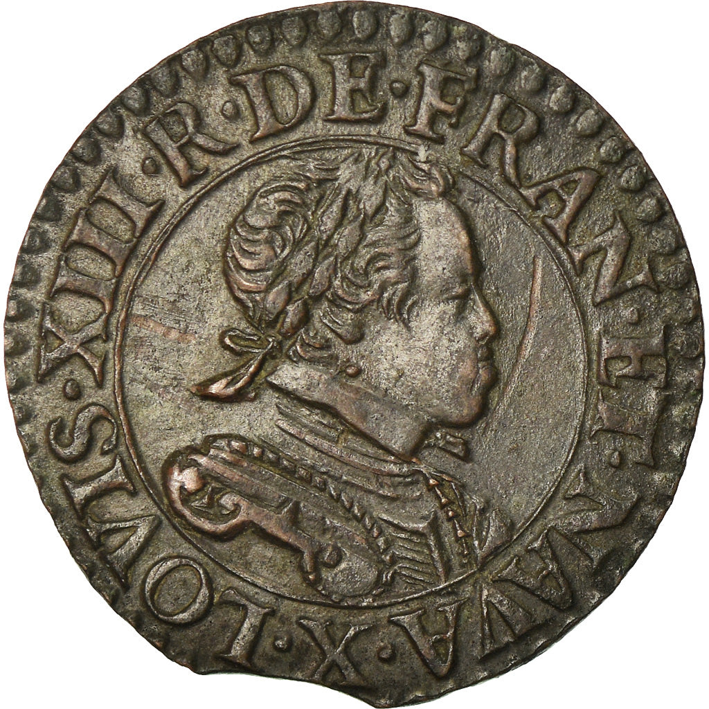 Moneta, Francia, Louis XIII, Double tournois, buste laurée et cuirassé, Double