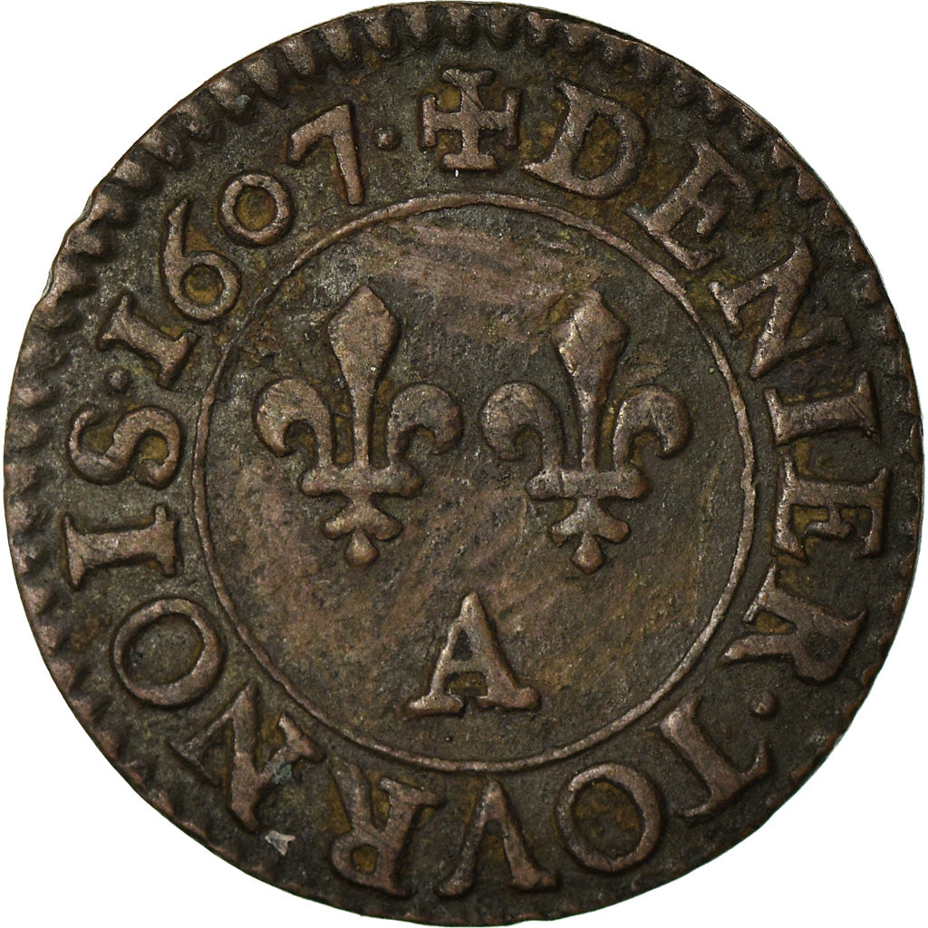 Coin, France, Henri IV, Denier Tournois, 1607, Paris, VF(30-35), Copper, KM:15