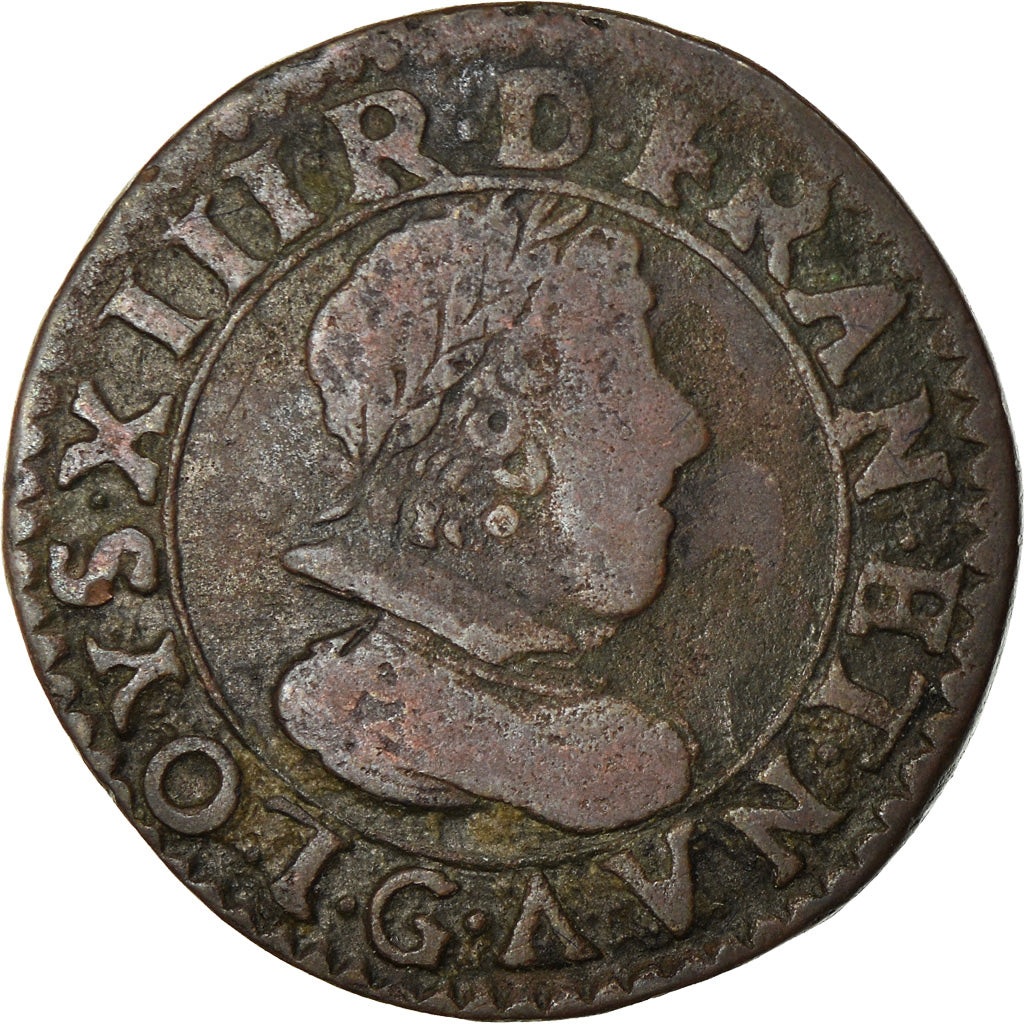Moeda, França, Louis XIII, Double Tournois, 1627, Poitiers, VF(20-25), Cobre
