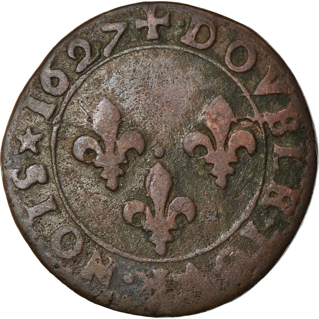 Moeda, França, Louis XIII, Double Tournois, 1627, Poitiers, VF(20-25), Cobre