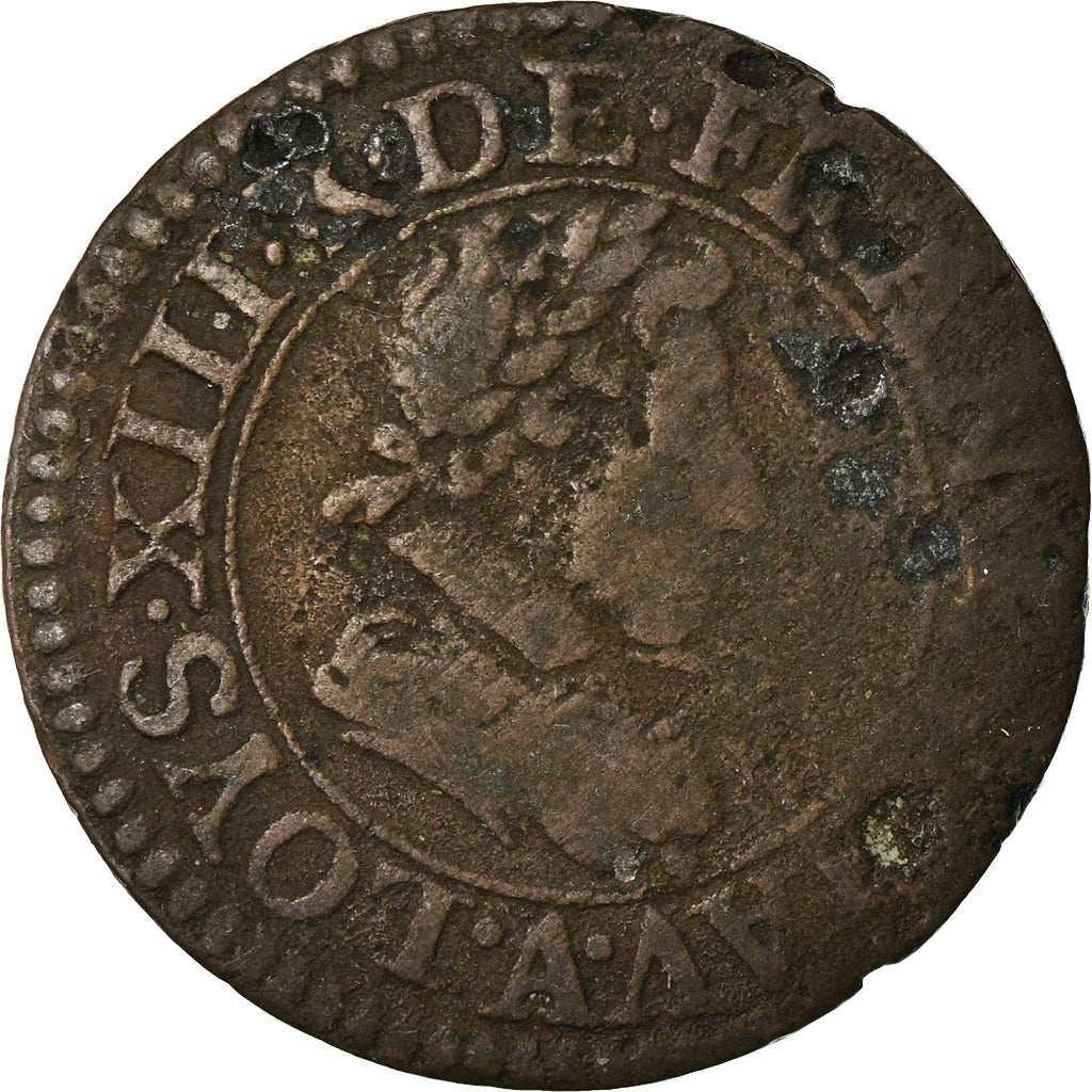 Moneda, Francia, Louis XIII, Double Tournois, 1621, Paris, BC+, Cobre, CGKL:388