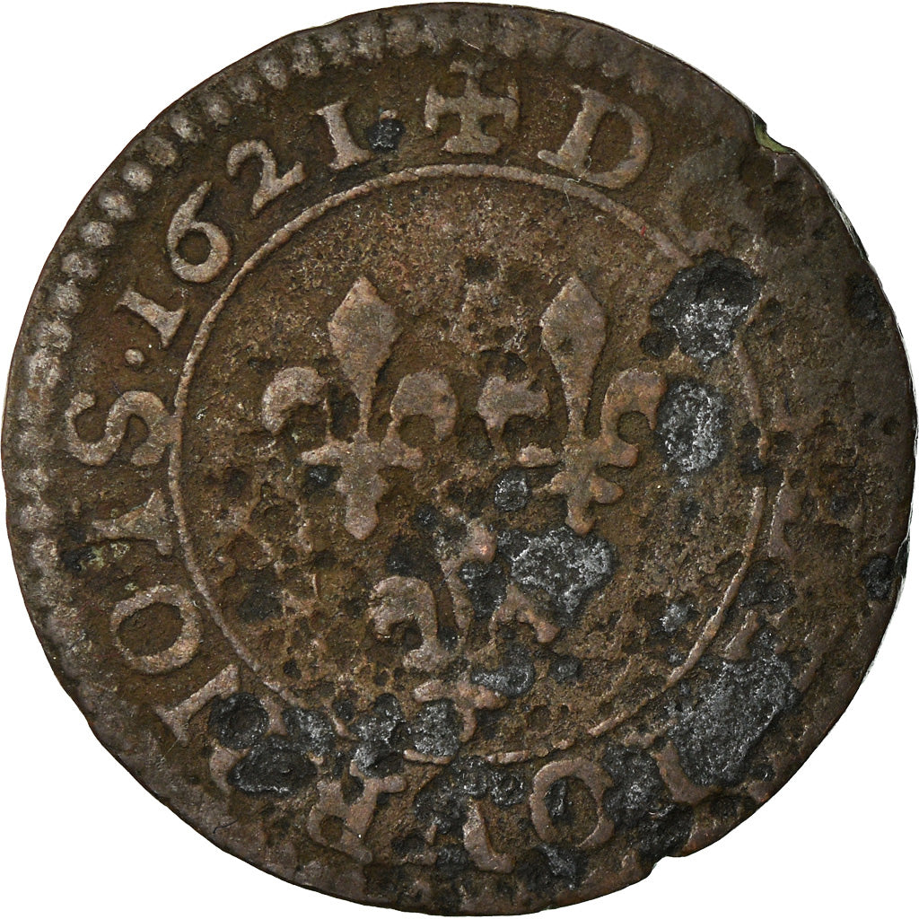 Moneda, Francia, Louis XIII, Double Tournois, 1621, Paris, BC+, Cobre, CGKL:388