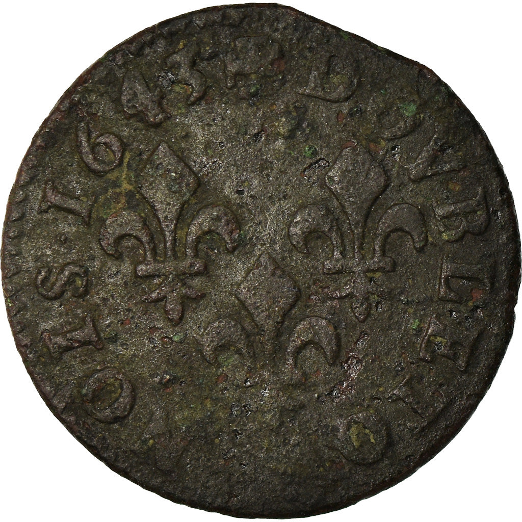 Munten, Frankrijk, Louis XIII, Double Tournois, 1643, ZG+, Koper, CGKL:516