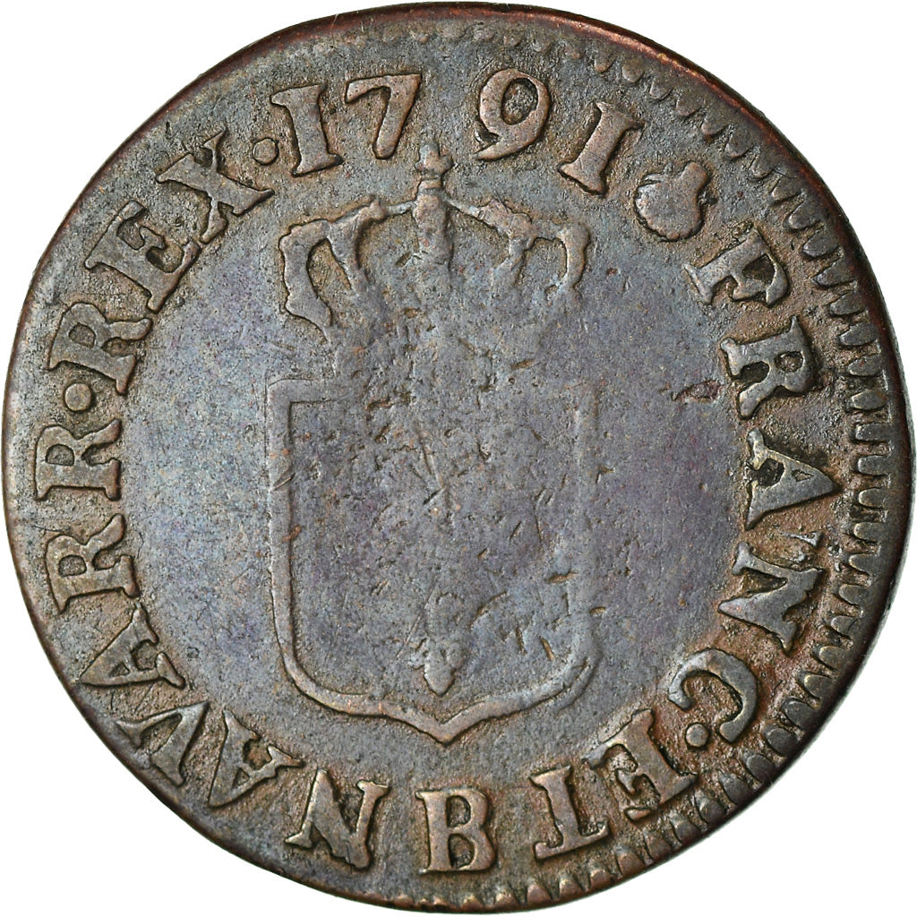 Moeda, França, Louis XVI, Liard, Liard, 1791, Rouen, VF(20-25), Cobre