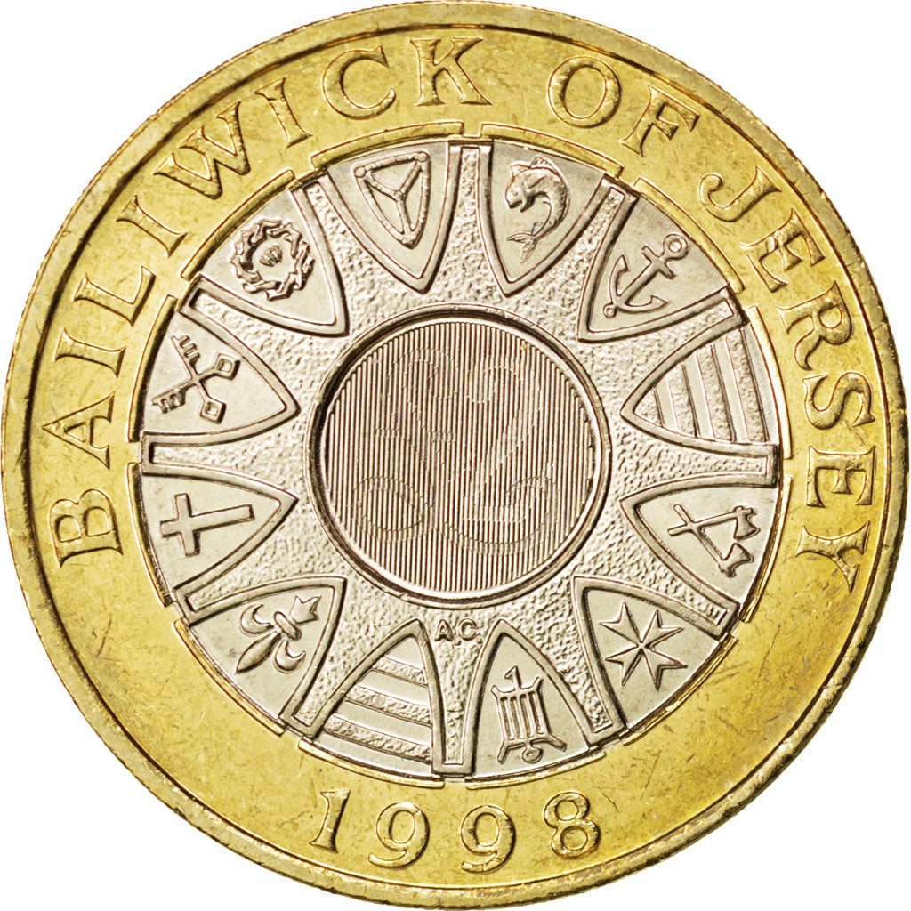 JERSEY, 2 Pounds, 1998, KM #102, MS(63), Bi-Metallic, 28.4, 11.91