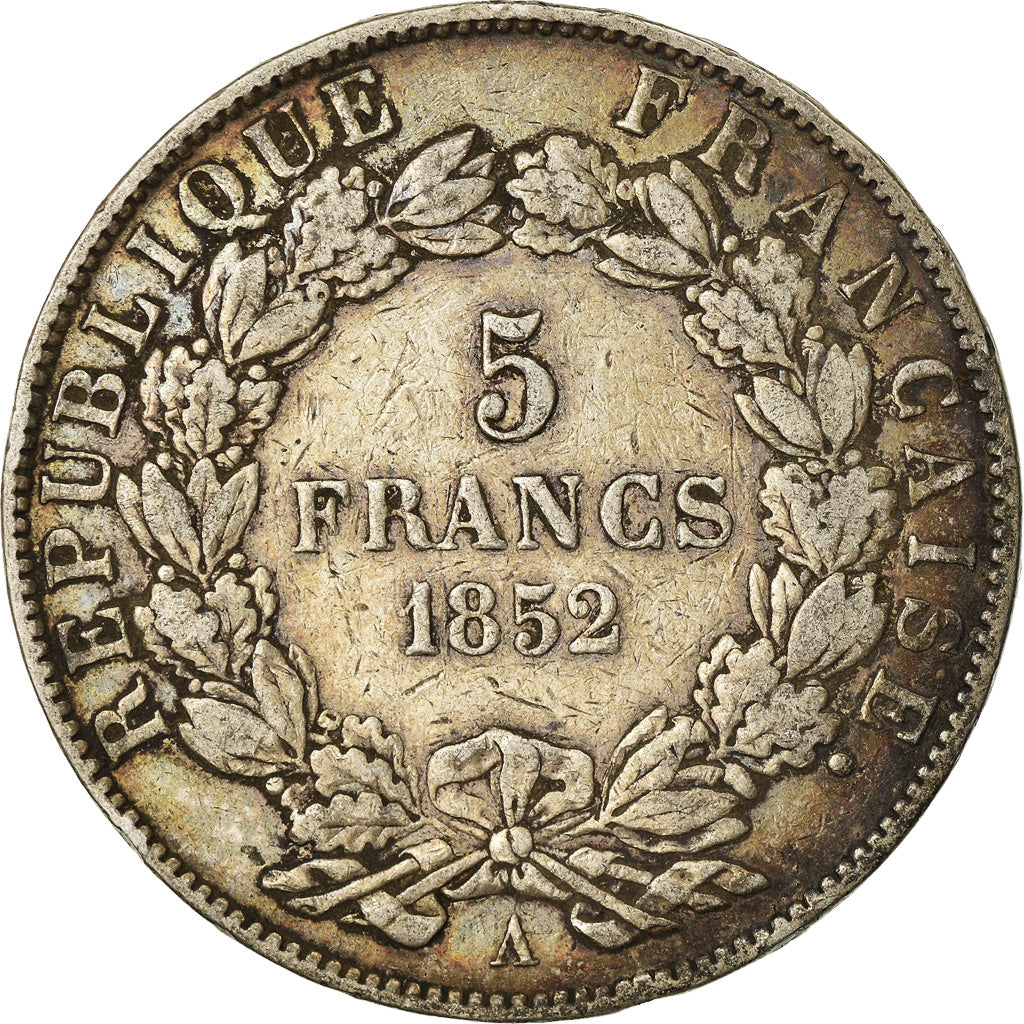 Moneda, Francia, Napoléon III, 5 Francs, 1852, Paris, BC+, Plata, KM:773.1