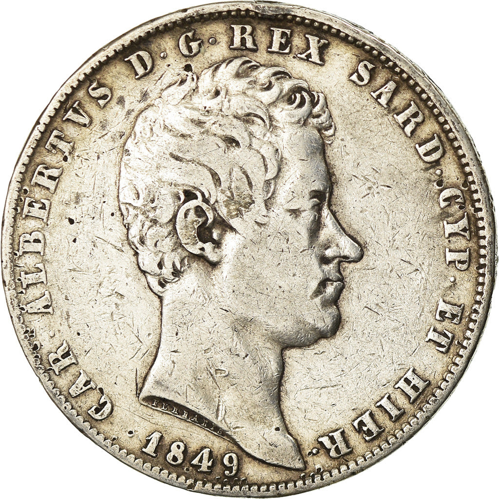 Moneda, Estados italianos, SARDINIA, Carlo Alberto, 5 Lire, 1849, Genoa, BC+