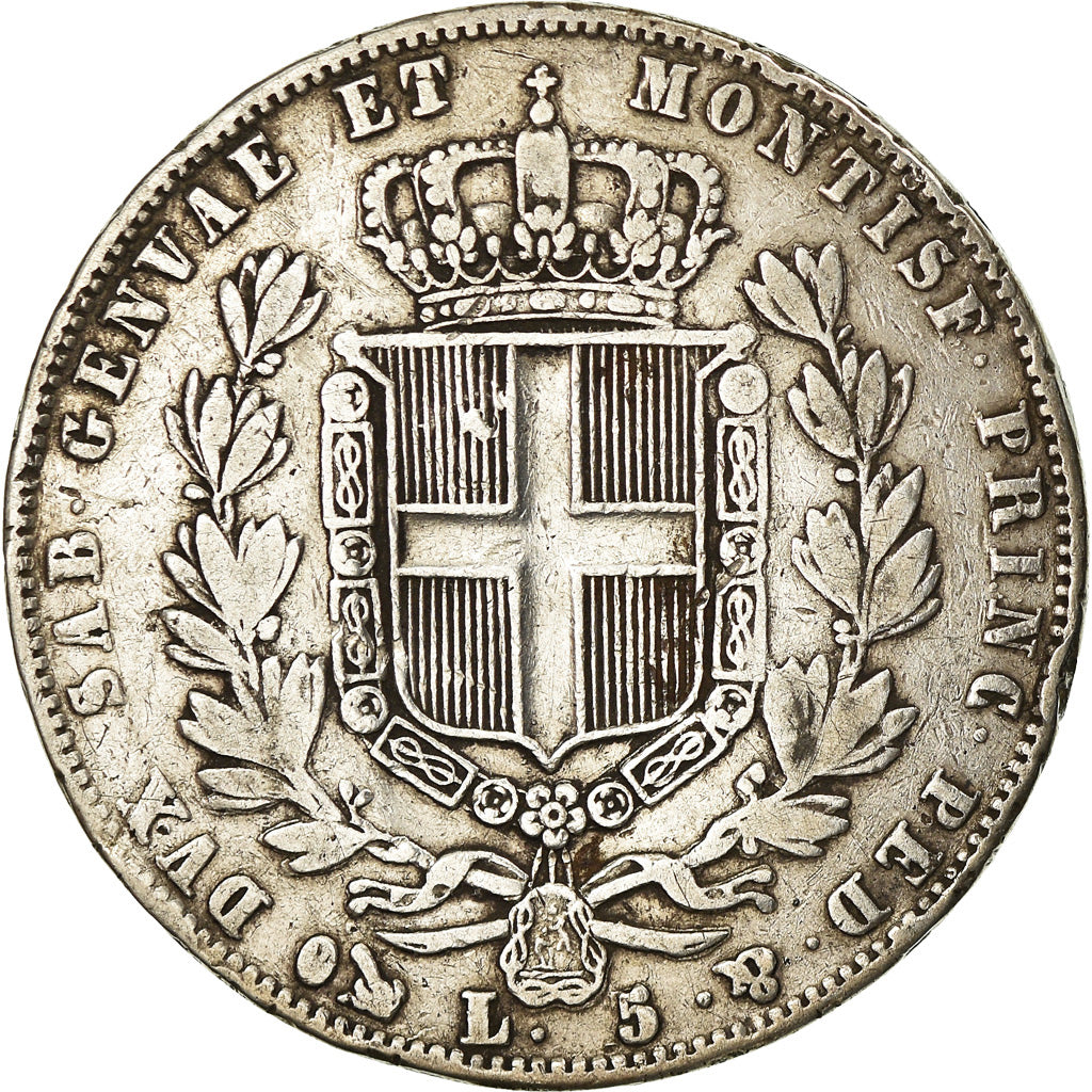 Moneda, Estados italianos, SARDINIA, Carlo Alberto, 5 Lire, 1849, Genoa, BC+