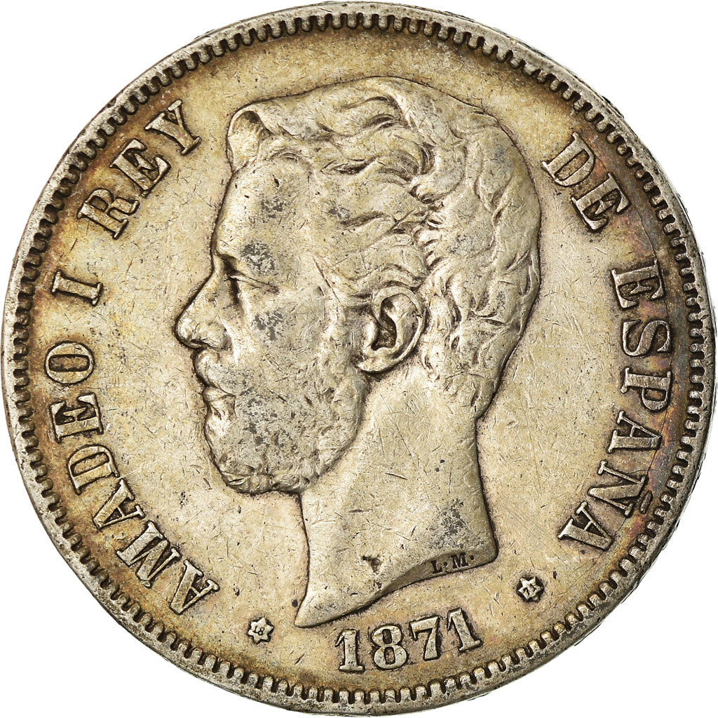 Coin, Spain, Amadeao I, 5 Pesetas, 1871, Madrid, EF(40-45), Silver, KM:666