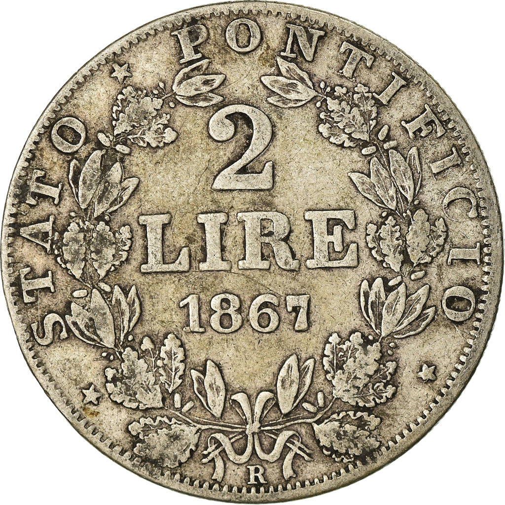 Moneda, Estados italianos, PAPAL STATES, Pius IX, 2 Lire, 1867, Roma, BC+