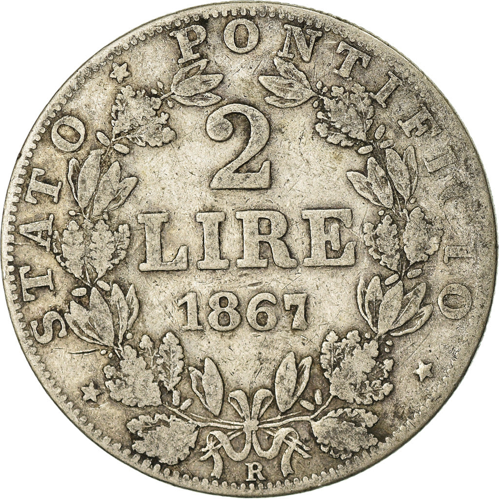 Moeda, ESTADOS ITALIANOS, PAPAL STATES, Pius IX, 2 Lire, 1867, Roma, VF(30-35)