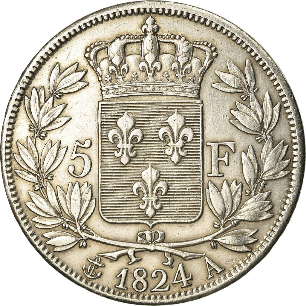 Moneta, Francia, Louis XVIII, Louis XVIII, 5 Francs, 1824, Paris, BB+, Argento