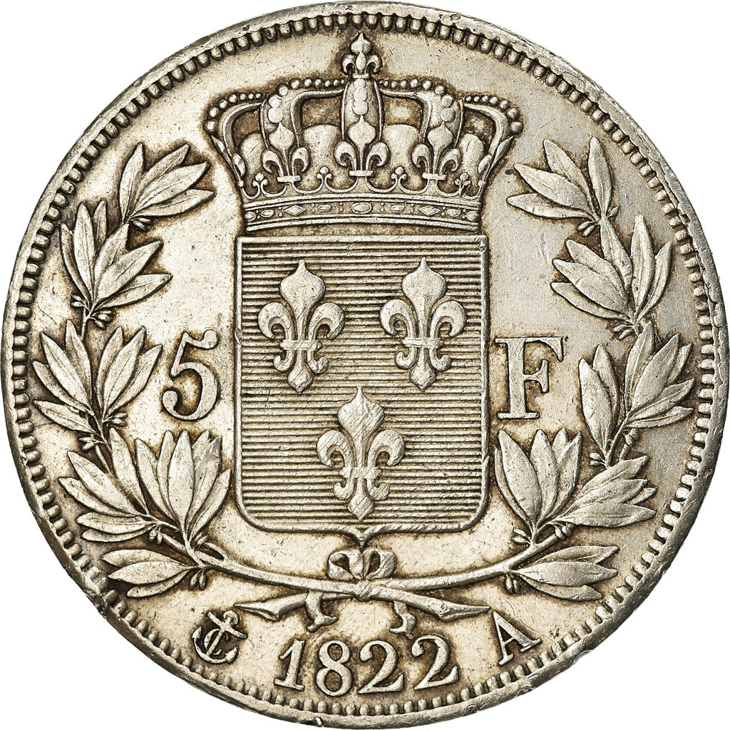 Moneta, Francia, Louis XVIII, Louis XVIII, 5 Francs, 1822, Paris, BB+, Argento