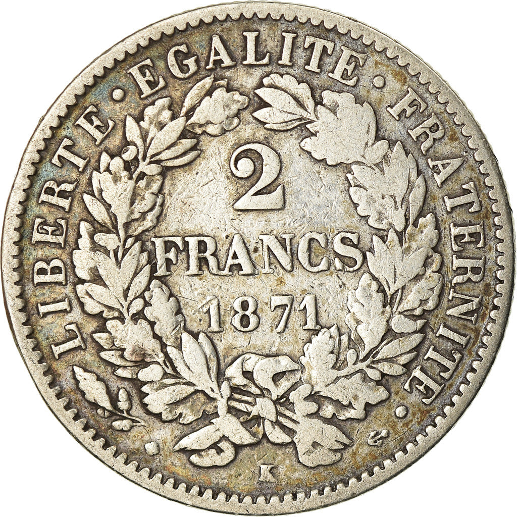 Coin, France, Cérès, 2 Francs, 1871, Bordeaux, VF(30-35), Silver, KM:817.2