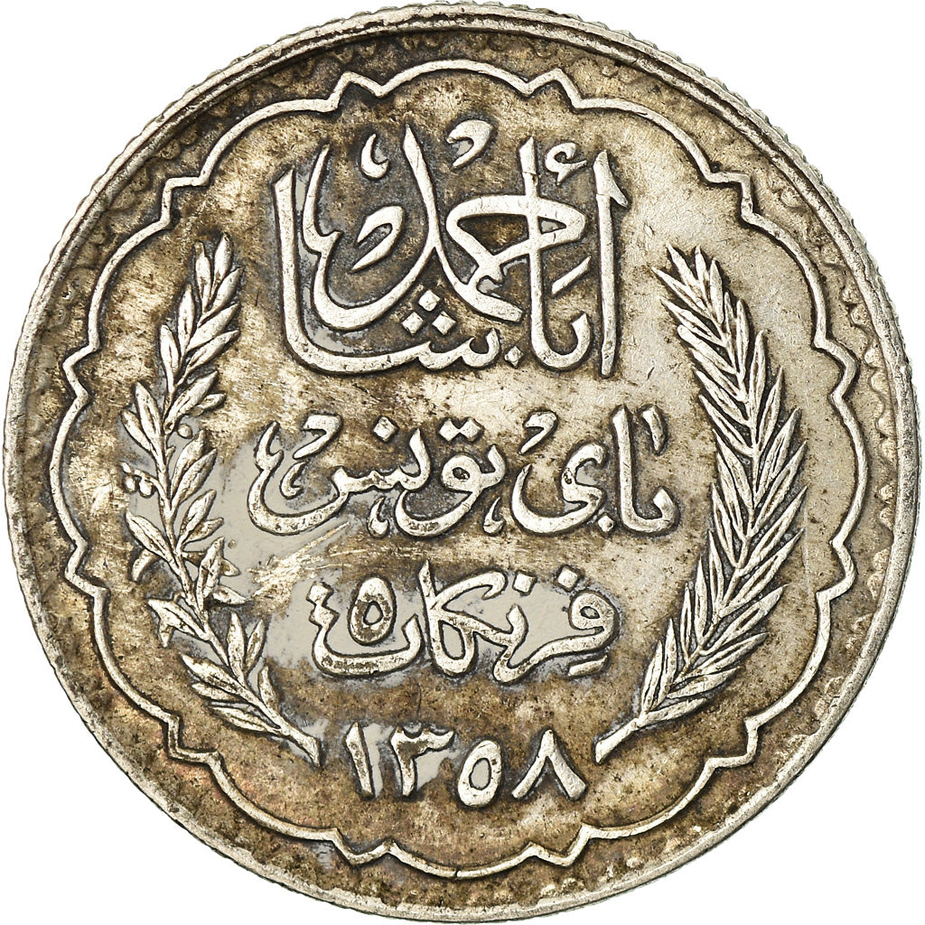 Moneta, Tunisia, Ahmad Pasha Bey, 5 Francs, 1939, Paris, BB, Argento, KM:264