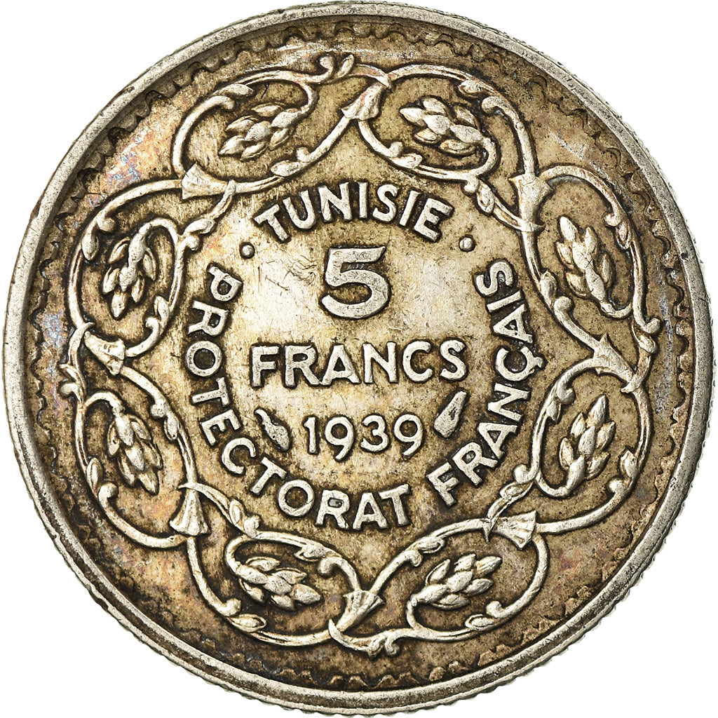 Moneta, Tunisia, Ahmad Pasha Bey, 5 Francs, 1939, Paris, BB, Argento, KM:264