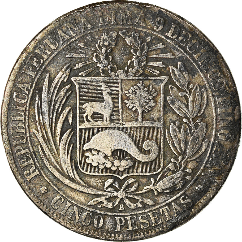 Coin, Peru, 5 Pesetas, 1880, Lima, VF(20-25), Silver, KM:201.1