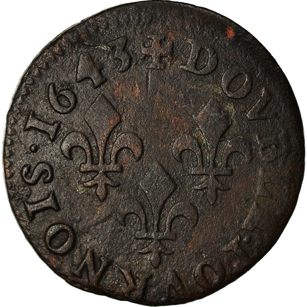 Coin, France, Louis XIII, Double Tournois, 1643, AU(50-53), Copper, CGKL:516