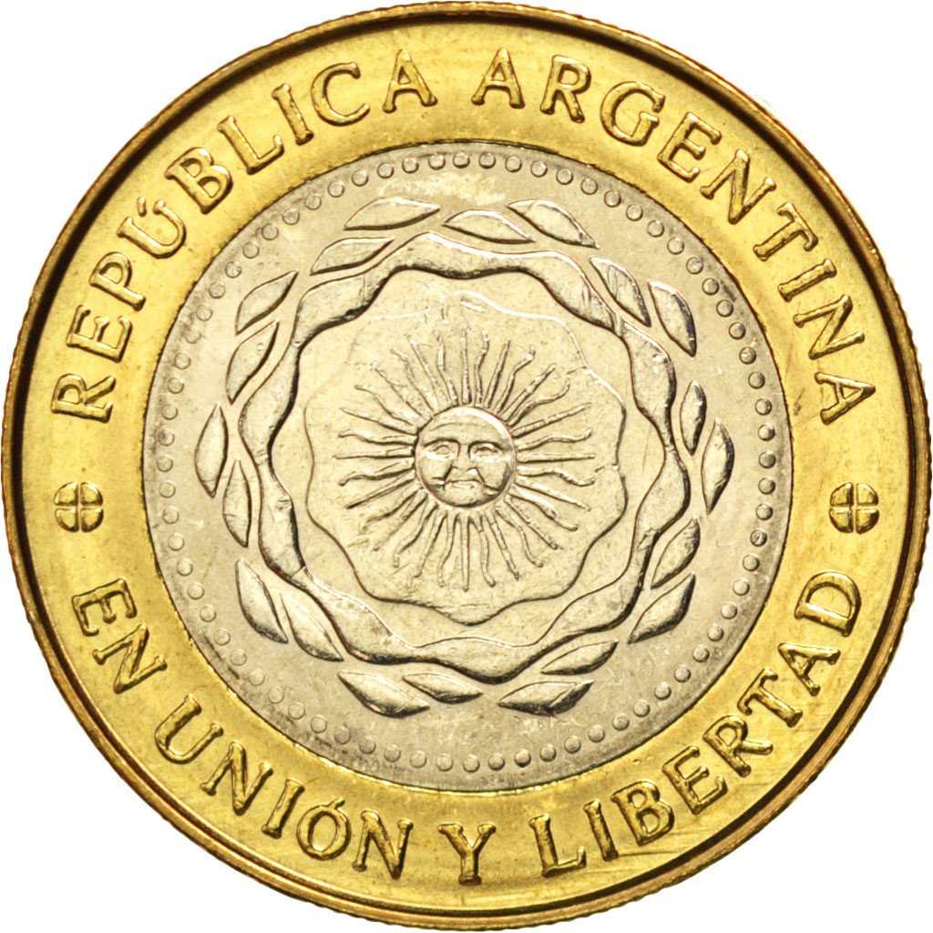 ARGENTINA, 2 Pesos, 2010, Buenos Aires, KM #165, MS(63), Bi-Metallic, 24.5, 7.25