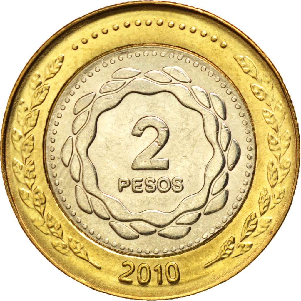 ARGENTINA, 2 Pesos, 2010, Buenos Aires, KM #165, MS(63), Bi-Metallic, 24.5, 7.25