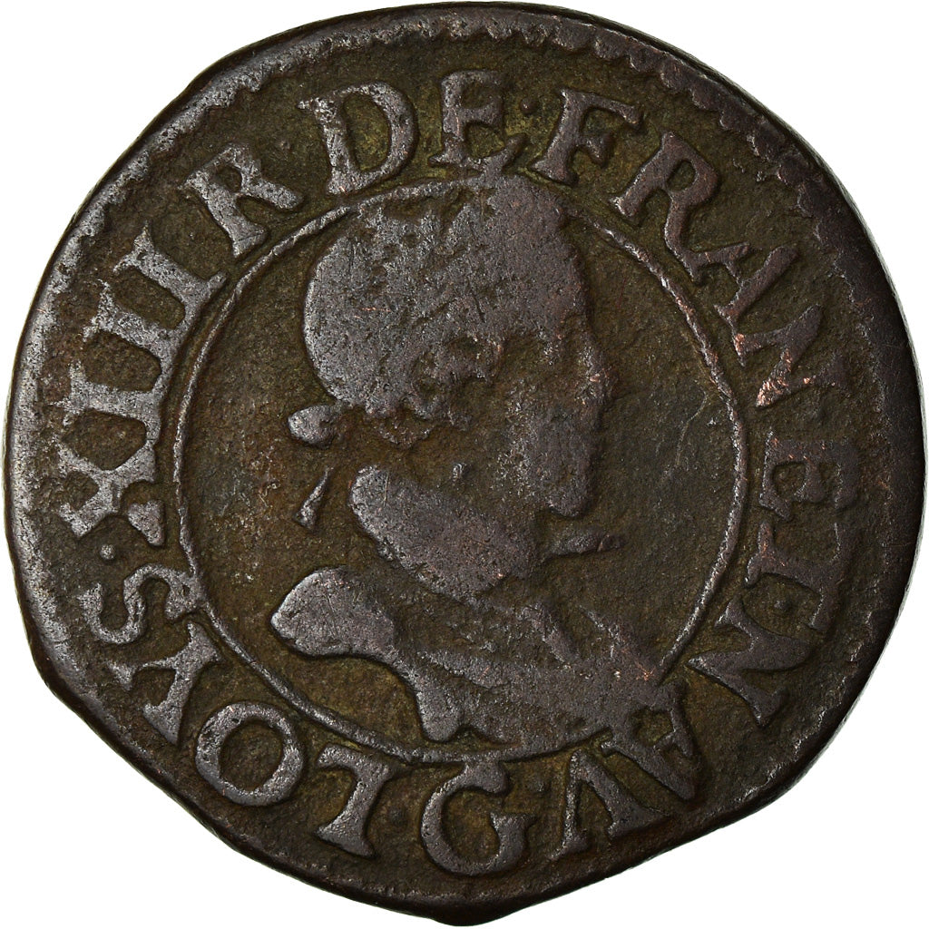 Moneda, Francia, Louis XIII, Double Tournois, 1620, Poitiers, BC+, Cobre