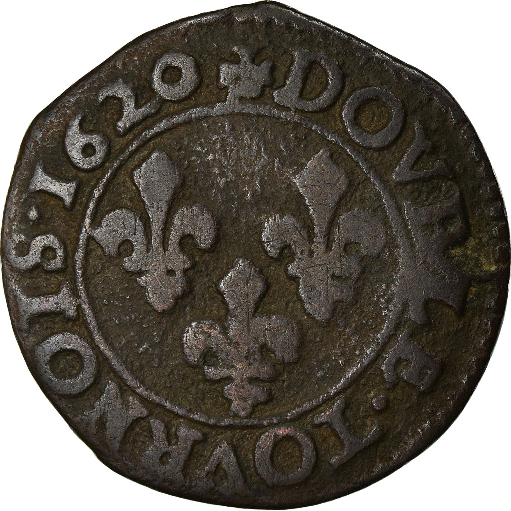 Moneda, Francia, Louis XIII, Double Tournois, 1620, Poitiers, BC+, Cobre