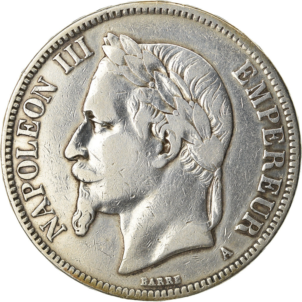 Moneda, Francia, Napoleon III, Napoléon III, 5 Francs, 1870, Paris, BC+, Plata
