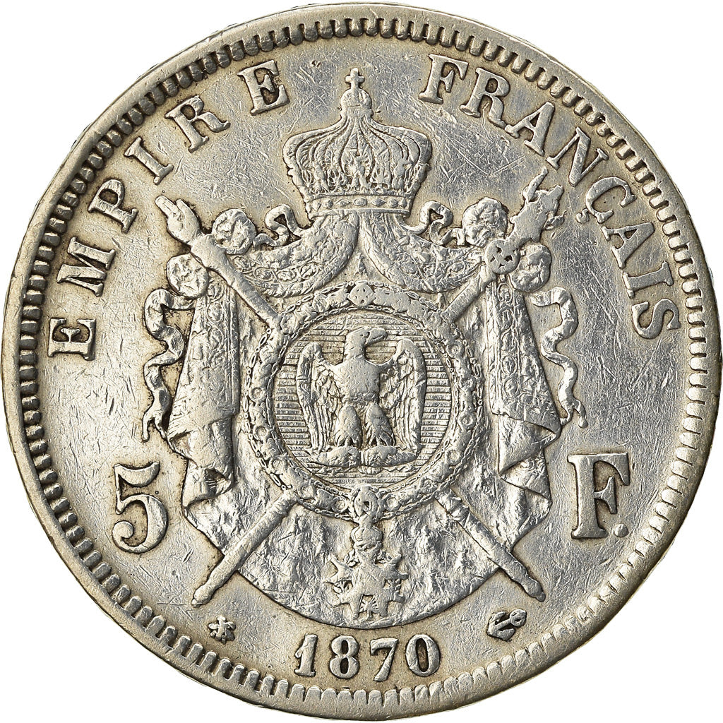 Moneda, Francia, Napoleon III, Napoléon III, 5 Francs, 1870, Paris, BC+, Plata