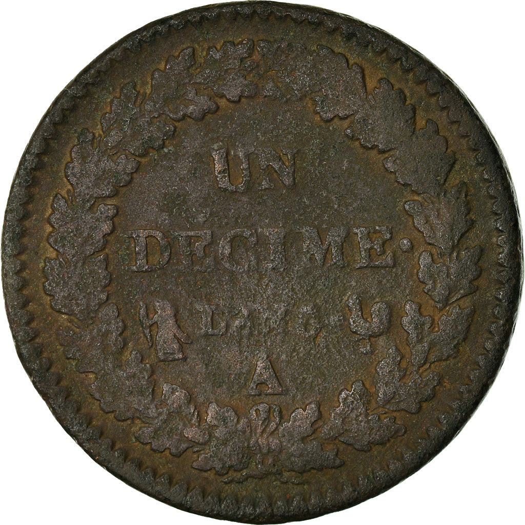 Coin, France, Dupré, Decime, AN 8, Paris, VF(20-25), Bronze, KM:644.1, Le