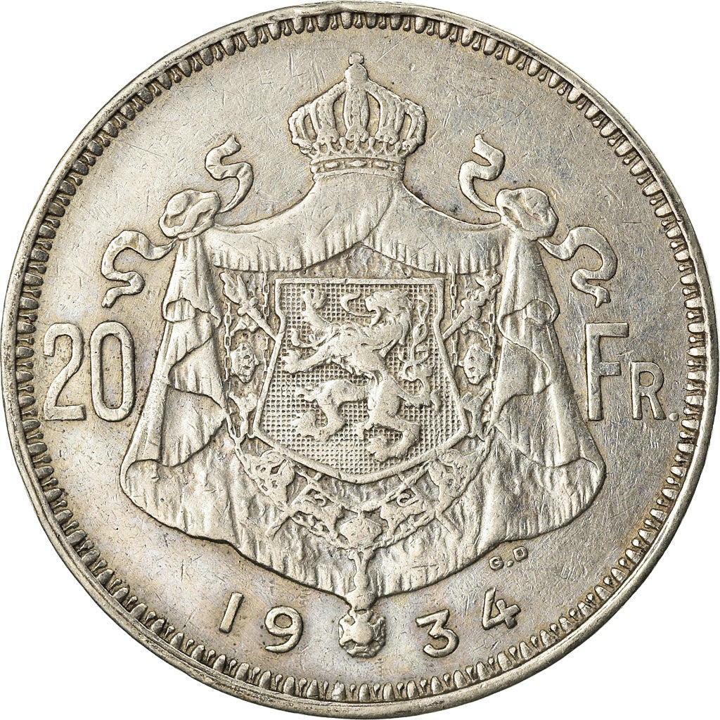 Münze, Belgien, Albert I, 20 Francs, 20 Frank, 1934, S+, Silber, KM:104.1