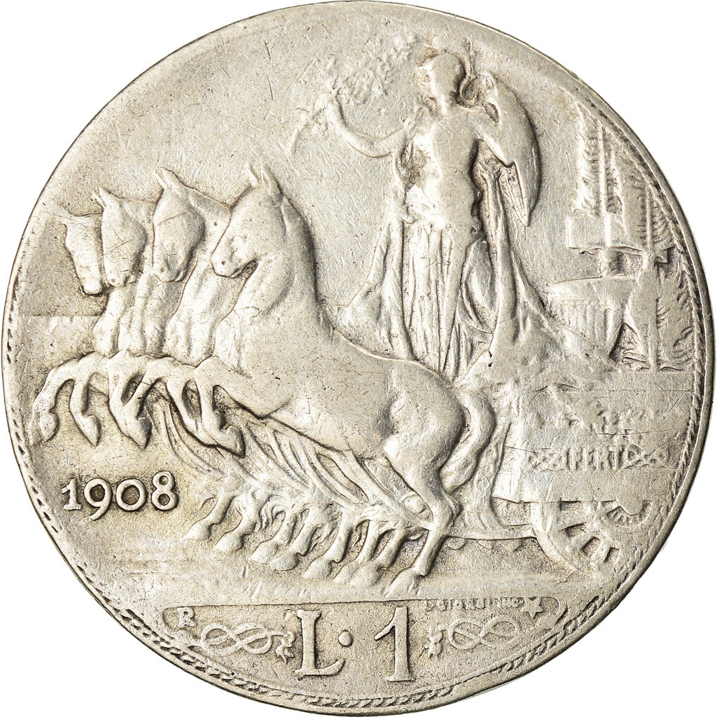 Coin, Italy, Vittorio Emanuele III, Lira, 1908, Rome, VF(30-35), Silver, KM:45