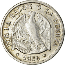 Moneda, Chile, 20 Centavos, 1866, Santiago, BC+, Plata, KM:135